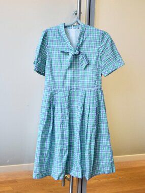 Green Plaid Midi Cotton A Line Dress - Short Sleeve/Lined